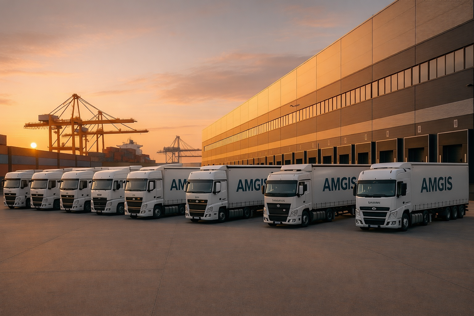 AMGIS LKW am intermodalen Logistik-Hub mit Bahn und Containerterminal