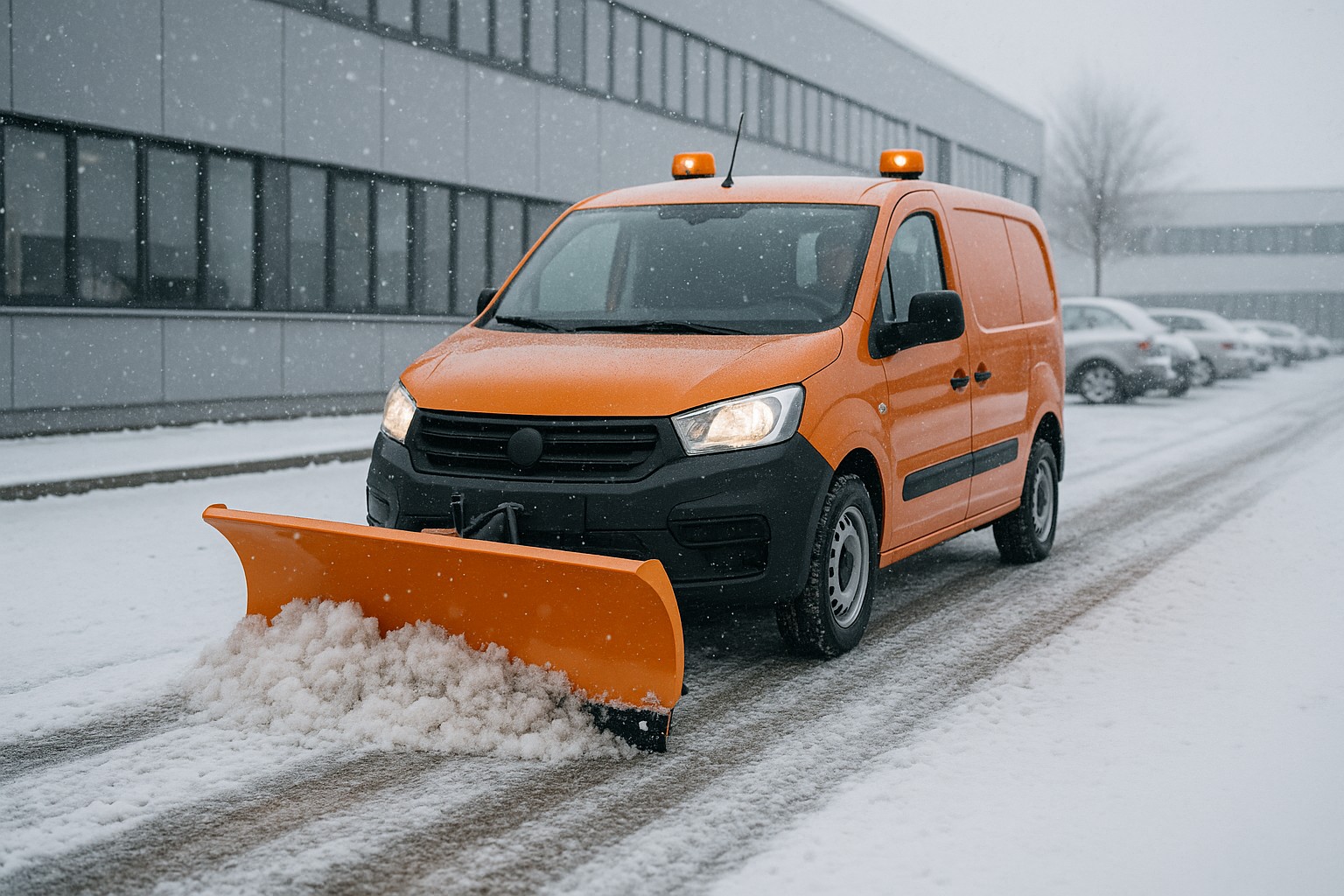 Kompaktes Räumfahrzeug räumt verschneiten Firmenparkplatz