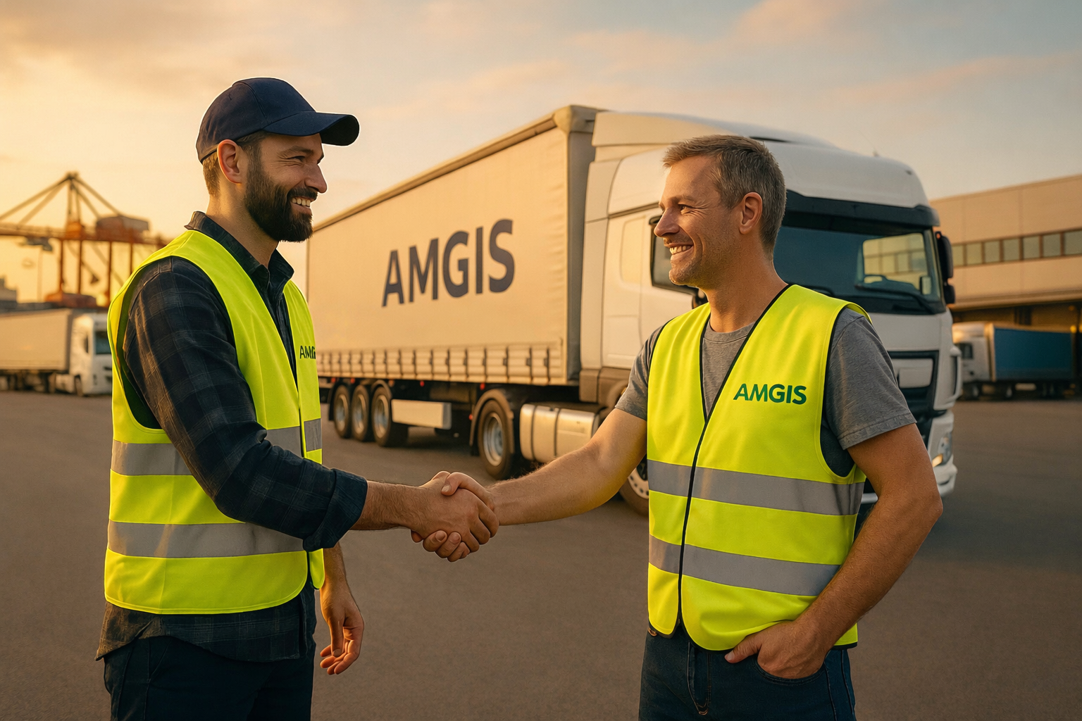 Zwei Berufskraftfahrer begrüßen sich vor einem AMGIS-LKW