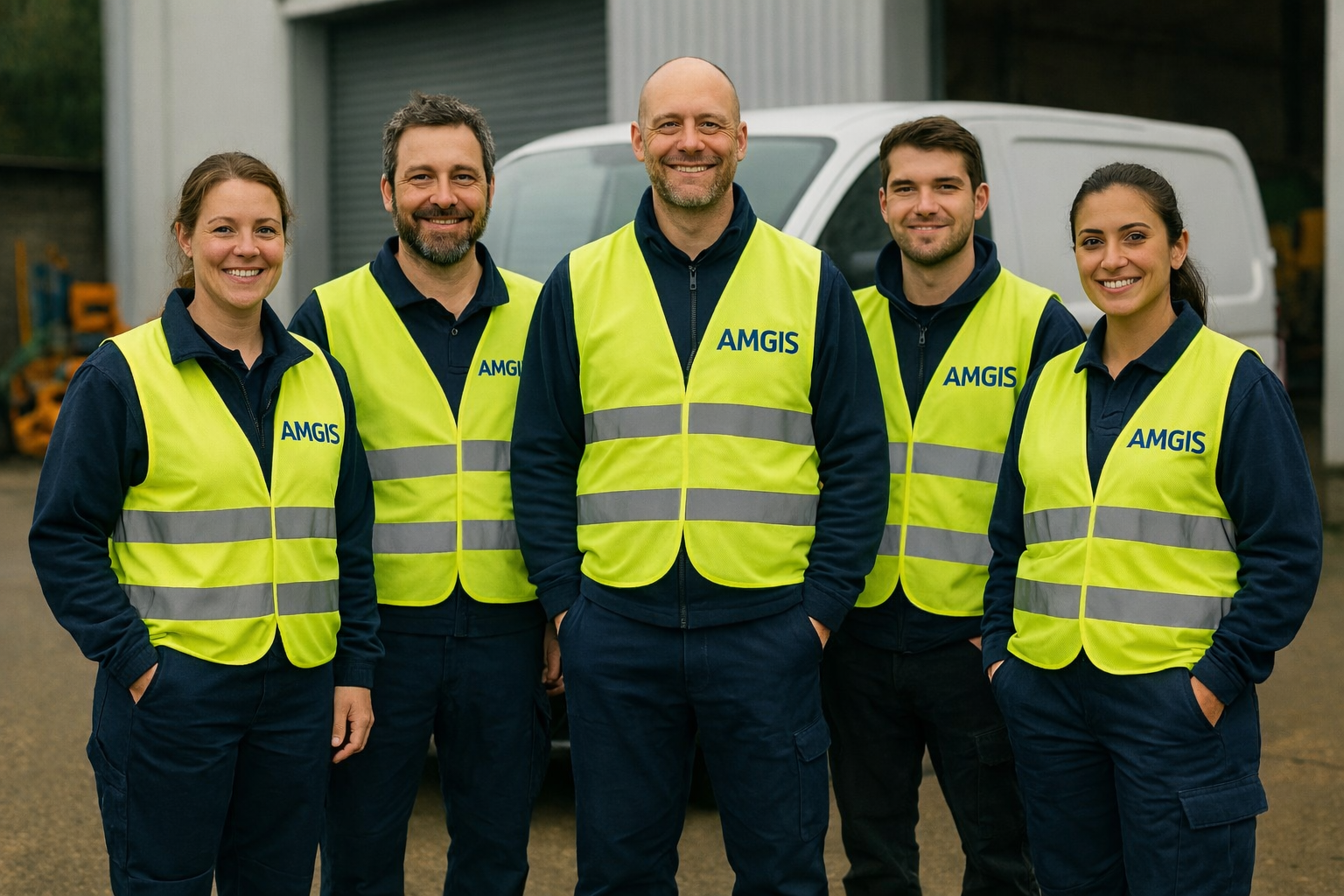 Fahrer und Teammitglieder vor einem Transporter