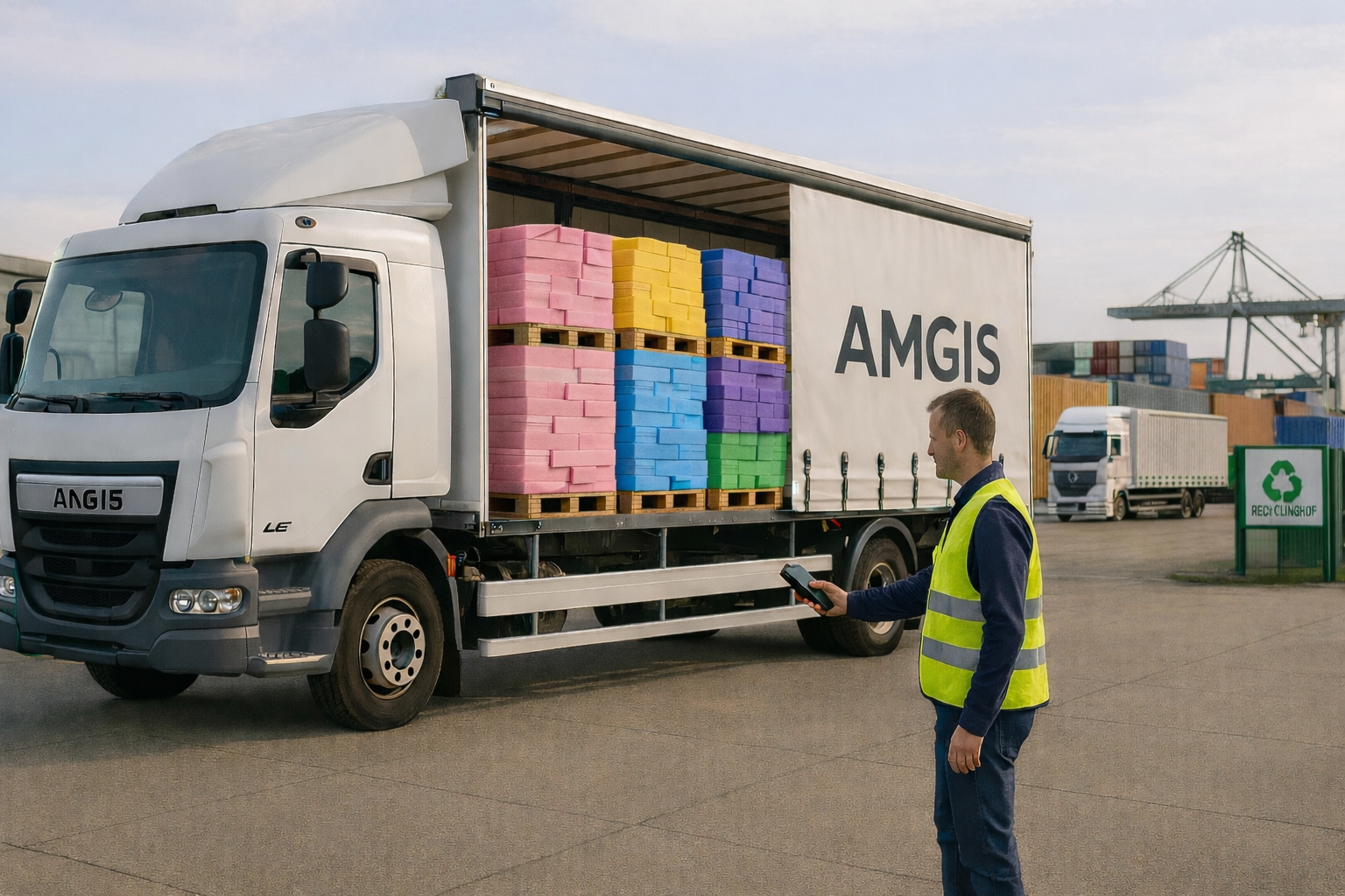 AMGIS LKW lädt XPS-Dämmstoffreste an einem Recyclinghof